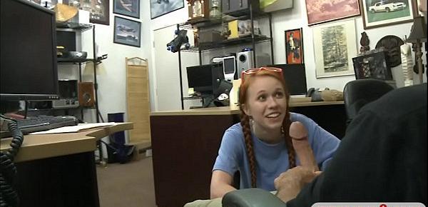  Very tiny tits babe pounded by pawn dude in the office